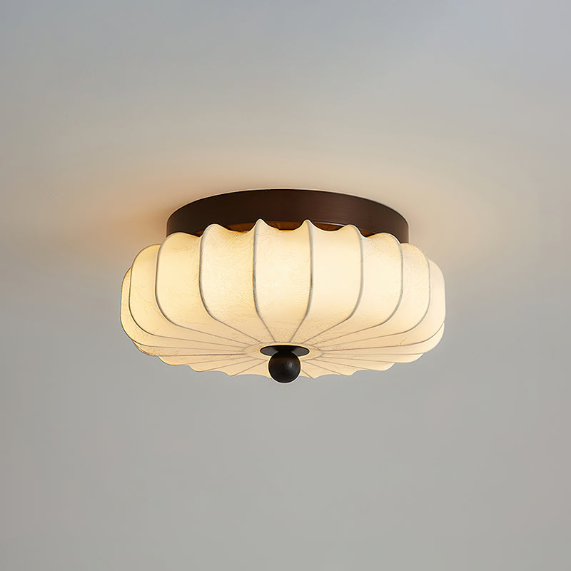 Walnut Frame Ceiling Light With Fabric Shade Vintage Style Integrated LED
