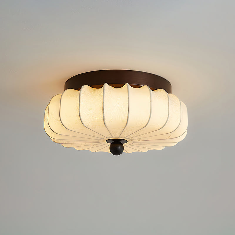 Walnut Frame Ceiling Light With Fabric Shade Vintage Style Integrated LED