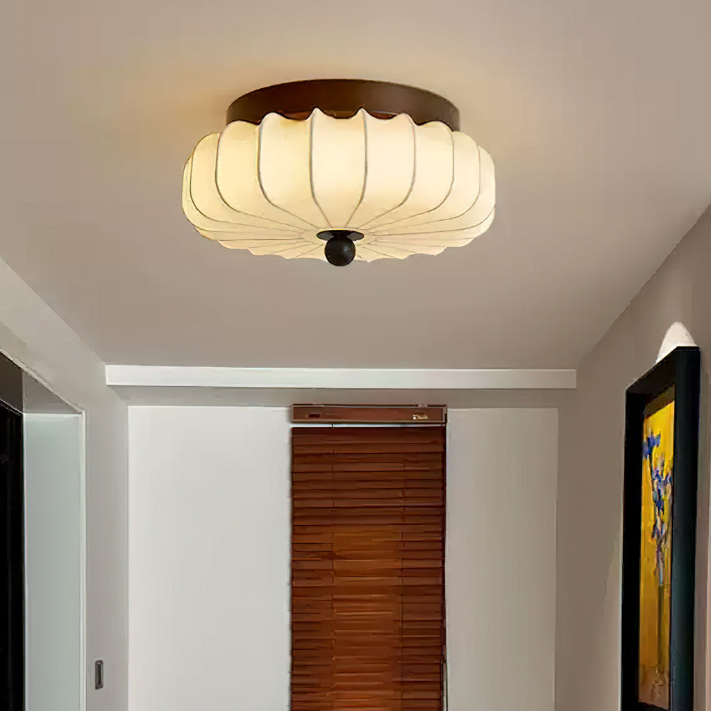 Walnut Frame Ceiling Light With Fabric Shade Vintage Style Integrated LED