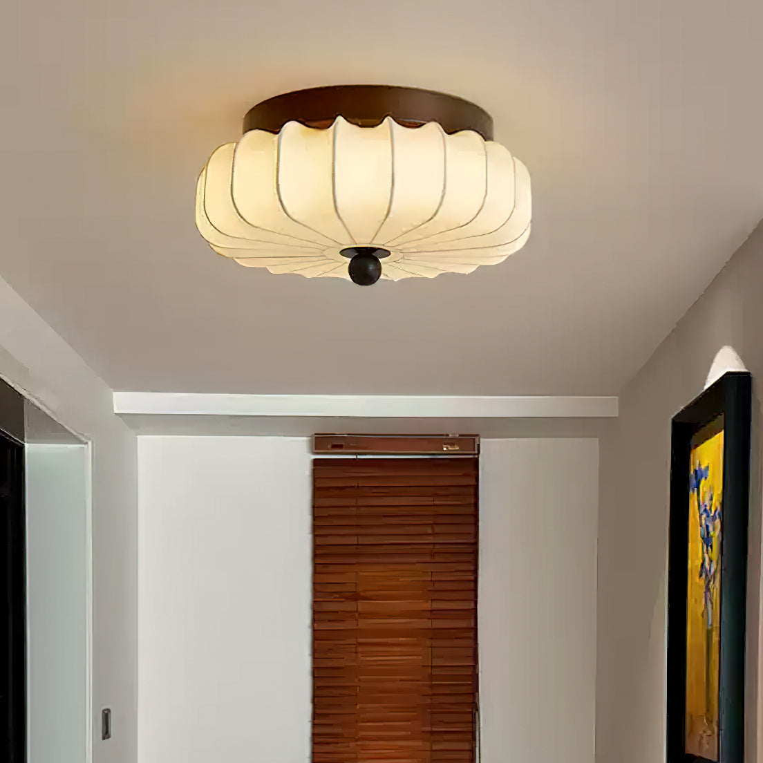 Walnut Frame Ceiling Light With Fabric Shade Vintage Style Integrated LED