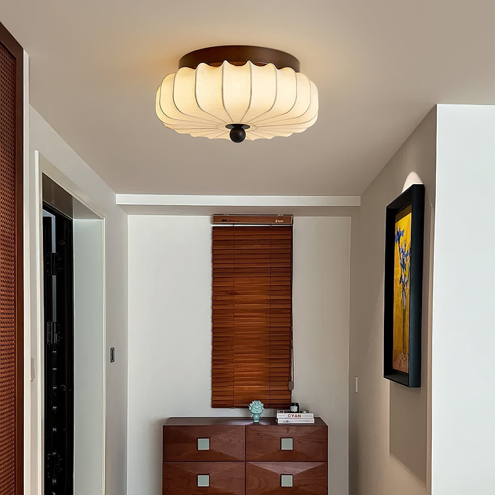 Walnut Frame Ceiling Light With Fabric Shade Vintage Style Integrated LED