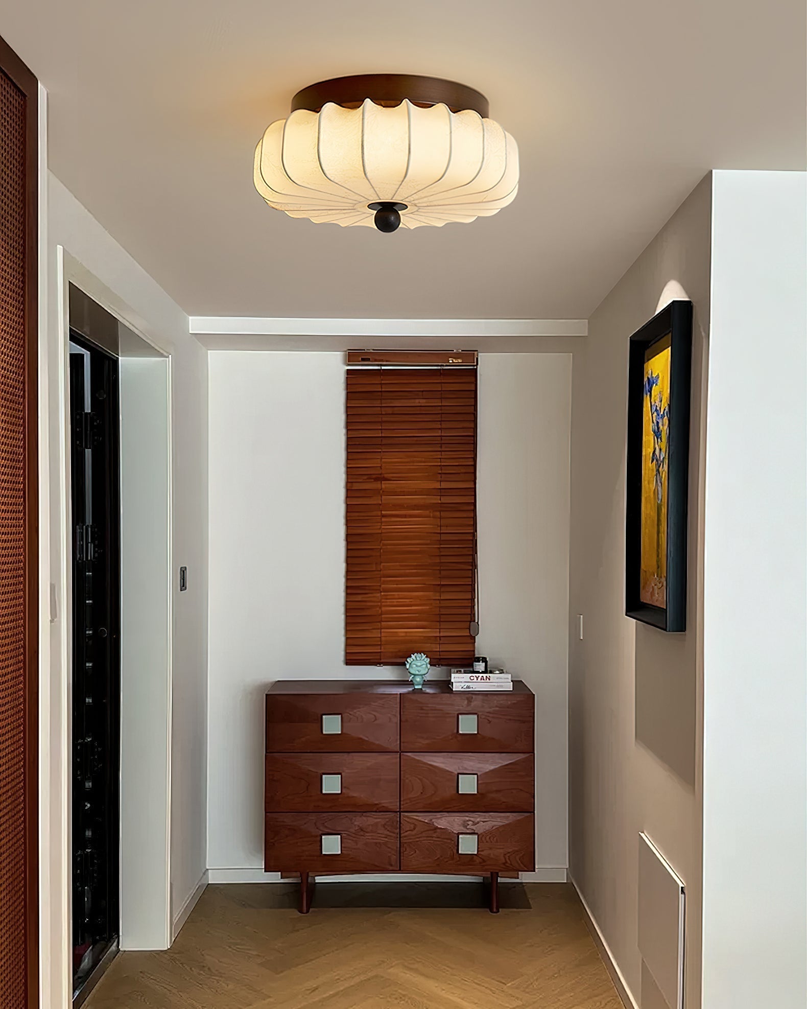 Walnut Frame Ceiling Light With Fabric Shade Vintage Style Integrated LED