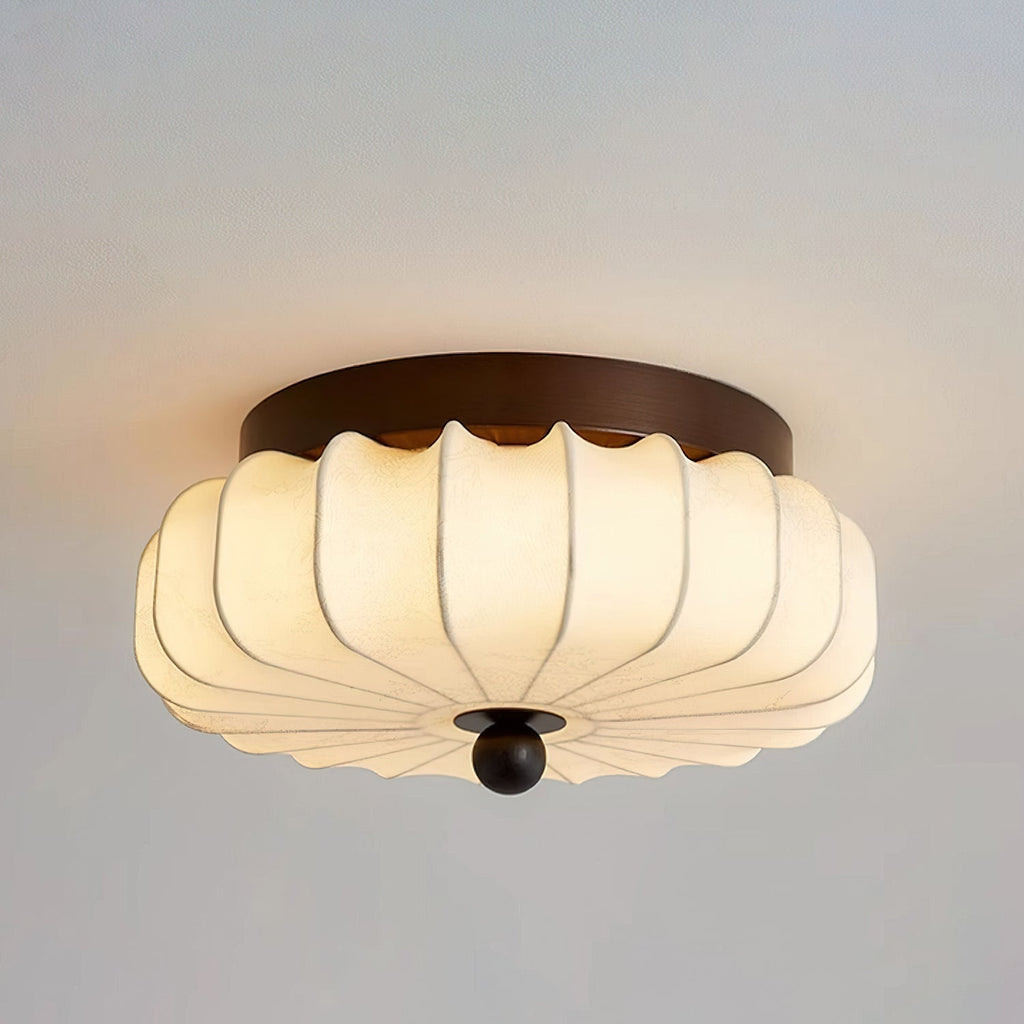 Walnut Frame Ceiling Light With Fabric Shade Vintage Style Integrated LED