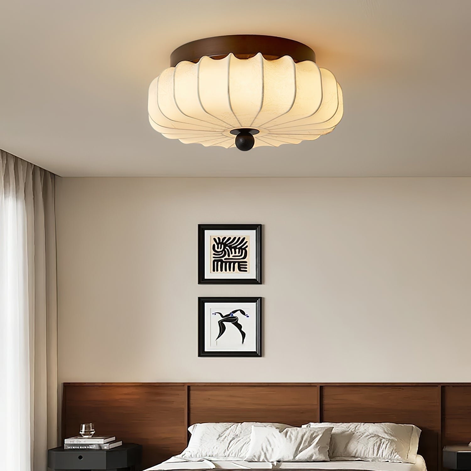 Walnut Frame Ceiling Light With Fabric Shade Vintage Style Integrated LED
