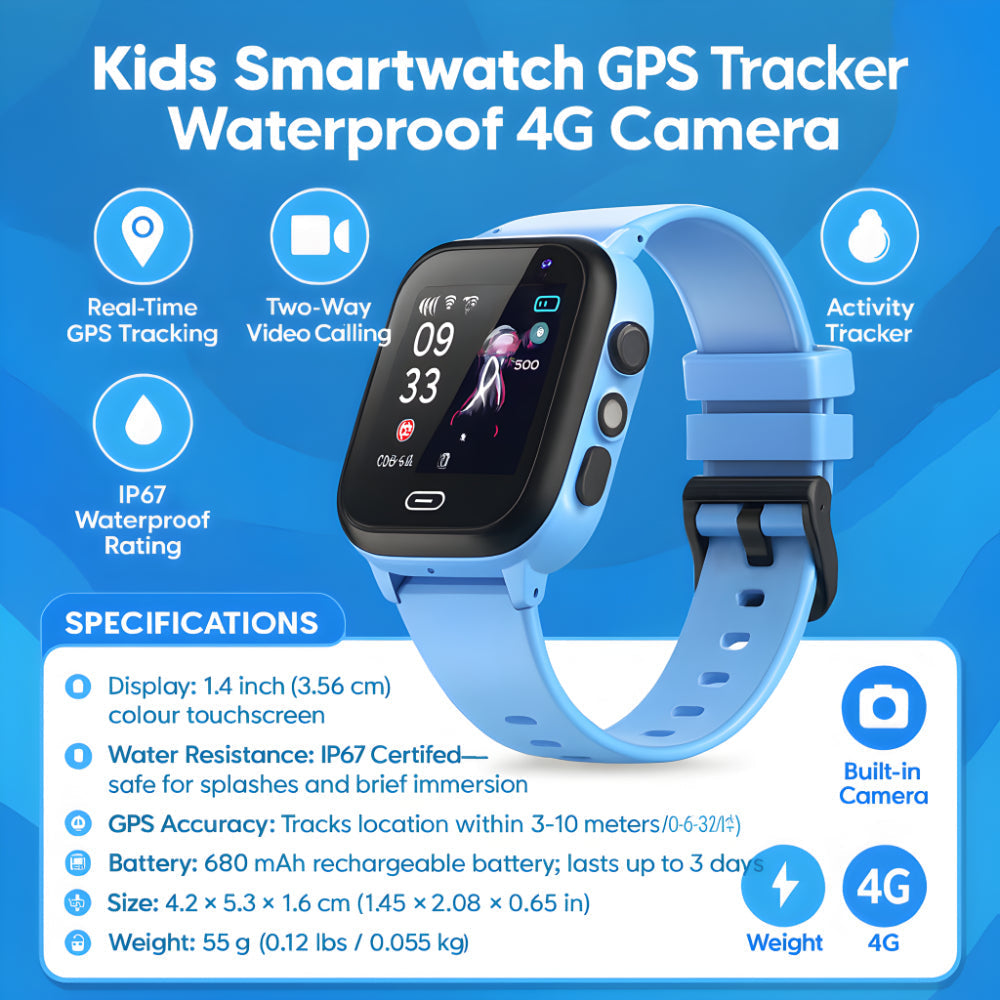ساعة ذكية للأطفال 4G مع GPS وكاميرا، مقاومة للماء بمعيار IP67، بشاشة لمس وجهاز تتبع