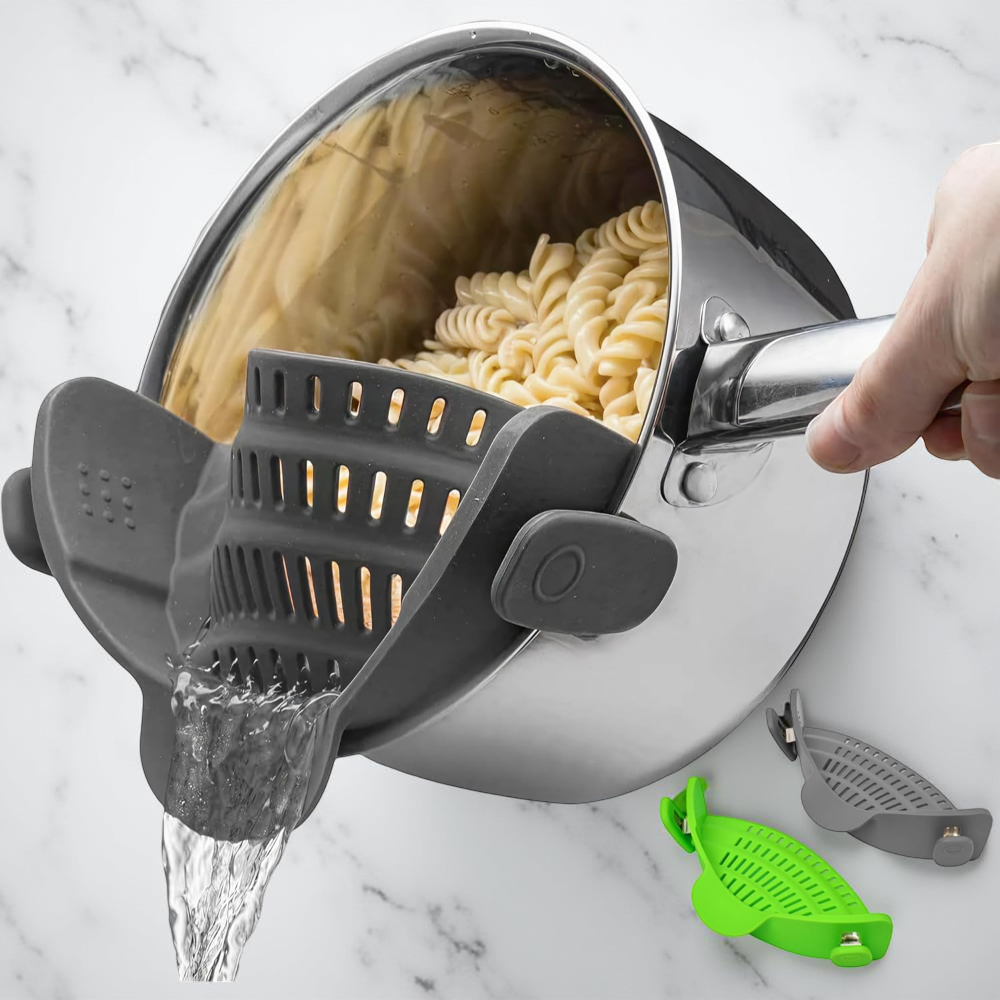 パスタや野菜の水切りに使えるシリコンクリップ式ポットストレーナー