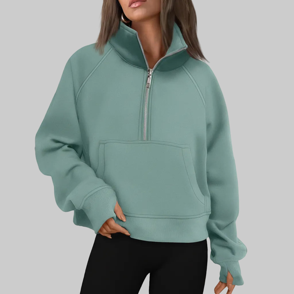 Dame Cropped Fleece Sweatshirt med Halv Lynlås til Hverdagsvarme