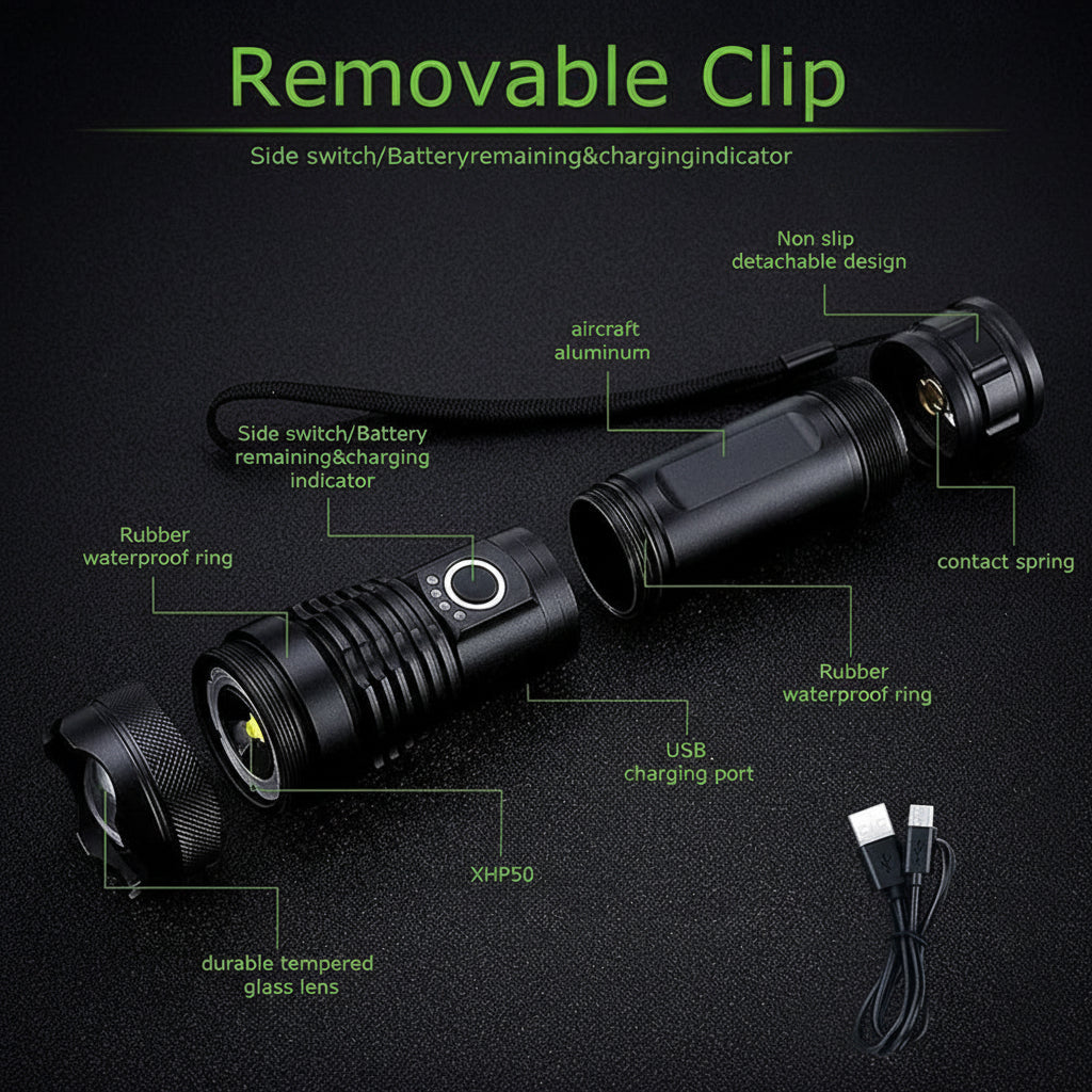 Rechargeable LED Flashlight With Adjustable Zoom In Aluminum Body