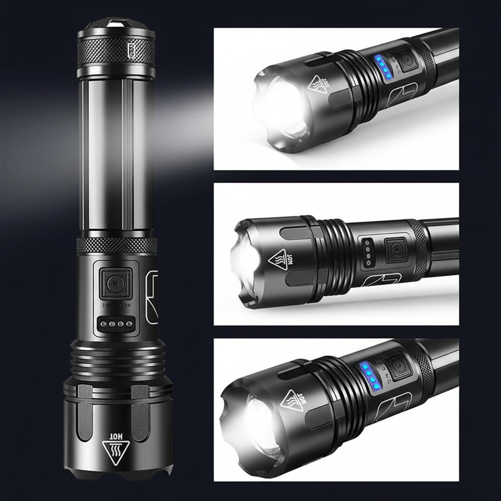 Rechargeable LED Flashlight With Adjustable Zoom In Aluminum Body