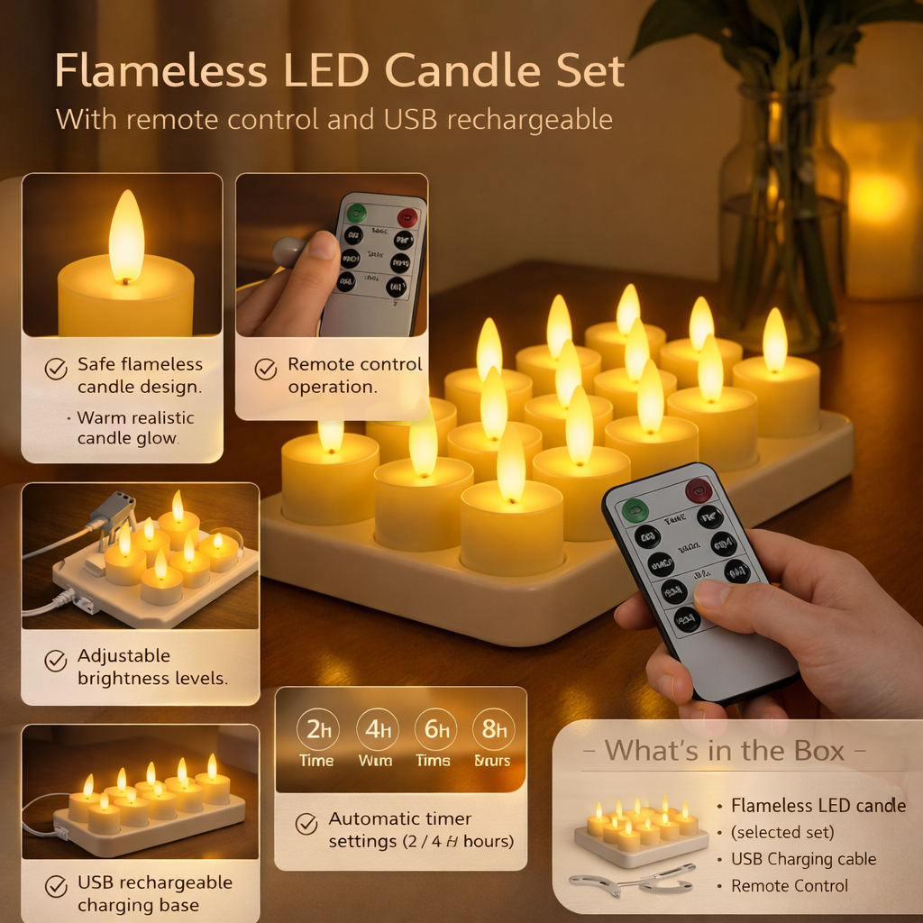 USB Rechargeable Flameless LED Candle Set With Remote Timer