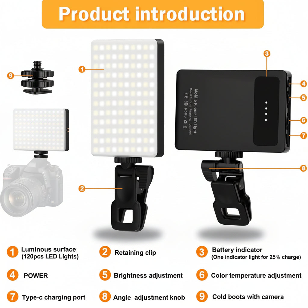 Clip-On LED Selfie Light For Phone With Adjustable Brightness And Color Temperature