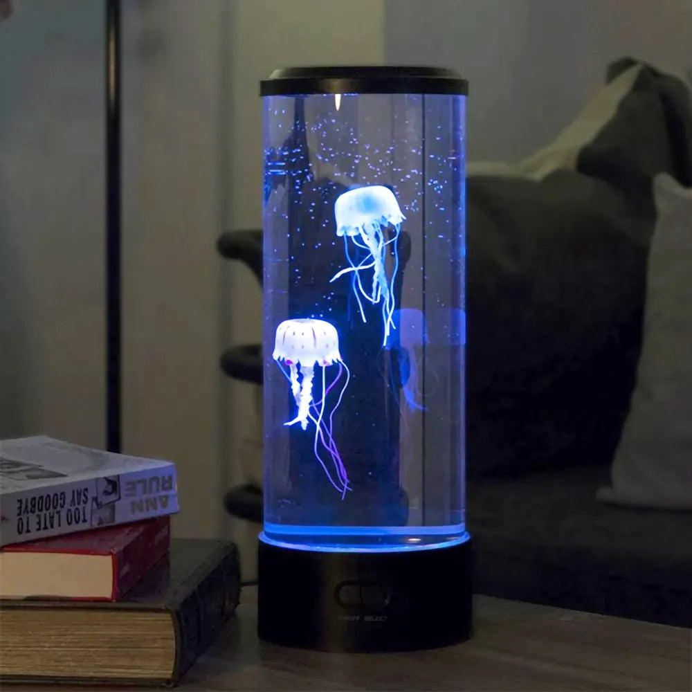 LED Jellyfish Table Lamp With Color Display In Clear Cylinder Decor