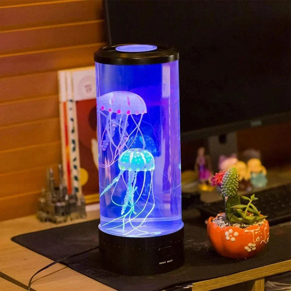 LED Jellyfish Table Lamp With Color Display In Clear Cylinder Decor