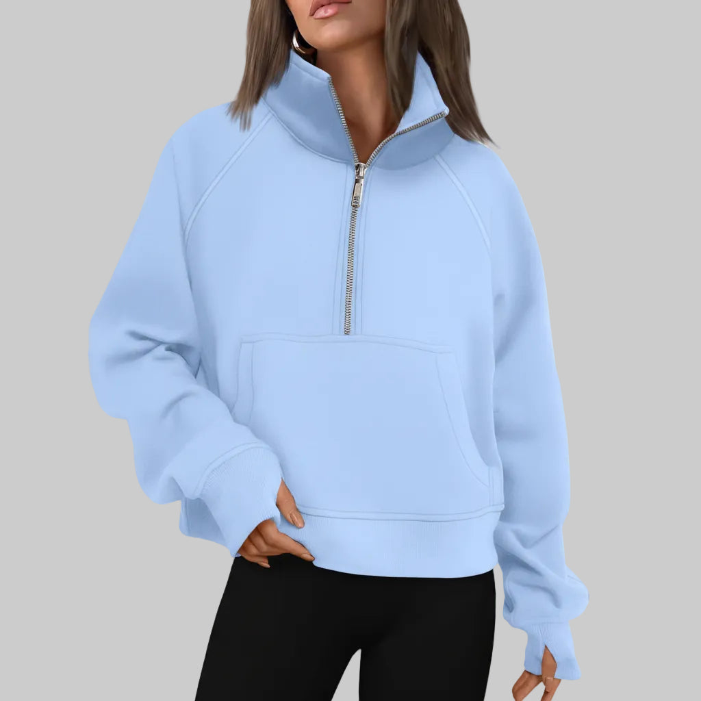 Dame Cropped Fleece Sweatshirt med Halv Lynlås til Hverdagsvarme