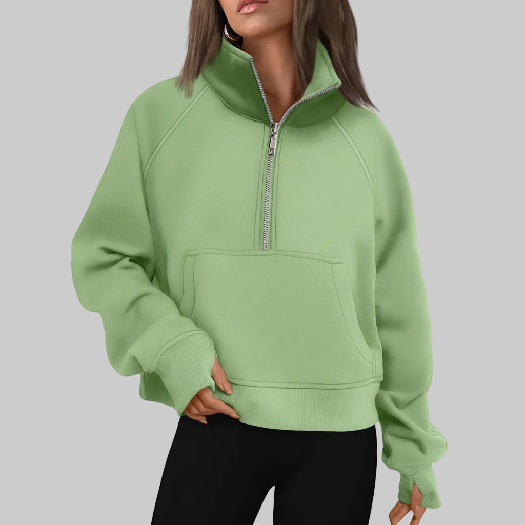 Dame Cropped Fleece Sweatshirt med Halv Lynlås til Hverdagsvarme