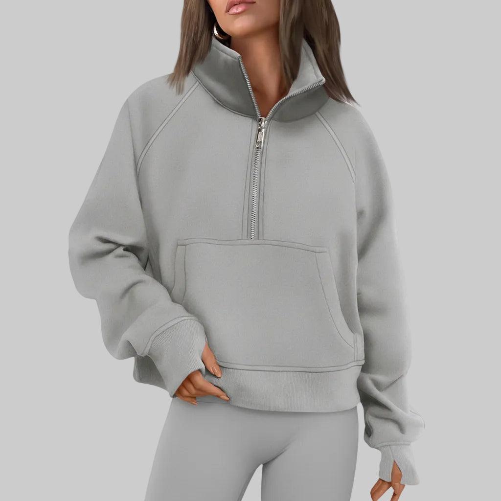 Dame Cropped Fleece Sweatshirt med Halv Lynlås til Hverdagsvarme