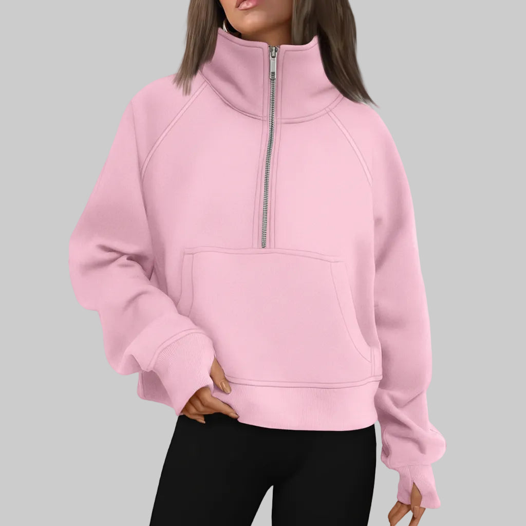 Dame Cropped Fleece Sweatshirt med Halv Lynlås til Hverdagsvarme