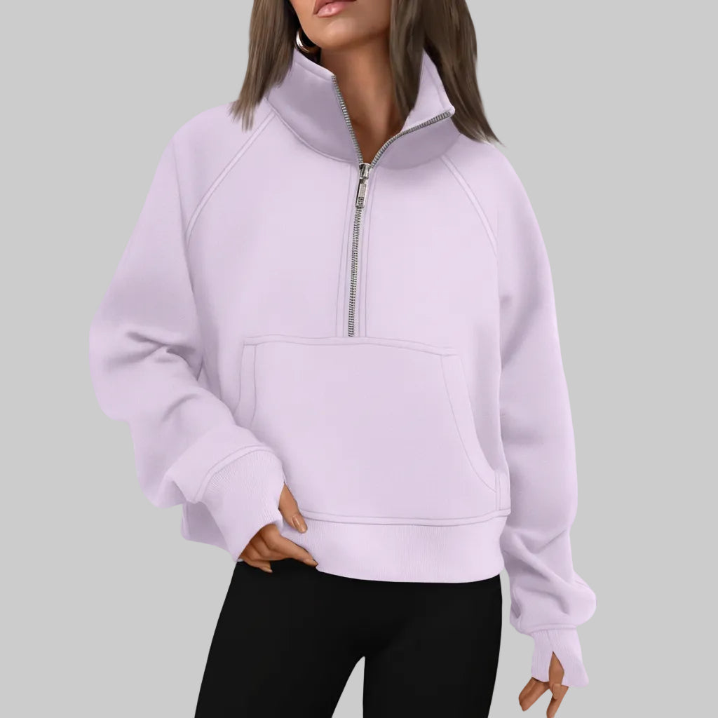 Dame Cropped Fleece Sweatshirt med Halv Lynlås til Hverdagsvarme