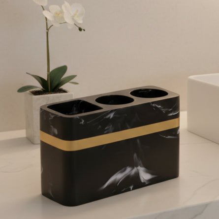 Czarna taca prezentacyjna z marmuru Regal z złotą obręczą do łazienki