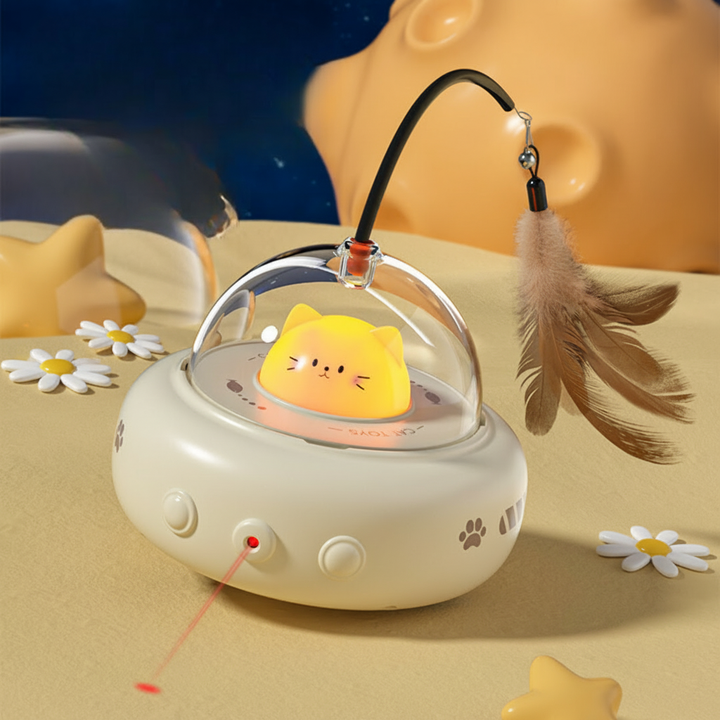 Automatisk laserkattlegetøj med UFO-design og fjerteaser