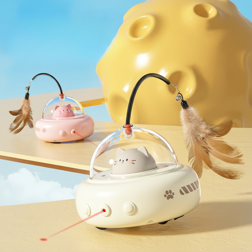 Automatisk laserkattlegetøj med UFO-design og fjerteaser