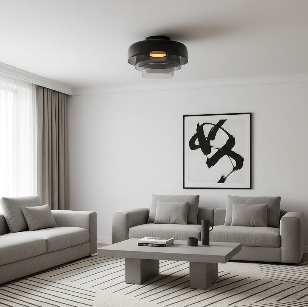 Gelaagde glazen plafondlamp met metalen frame in zwart, groen, smoke grijs, oranje LED 32-42 cm