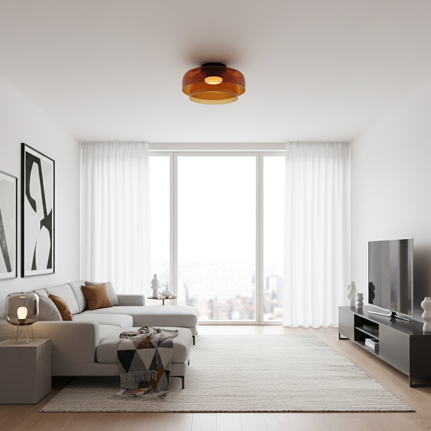 Gelaagde glazen plafondlamp met metalen frame in zwart, groen, smoke grijs, oranje LED 32-42 cm