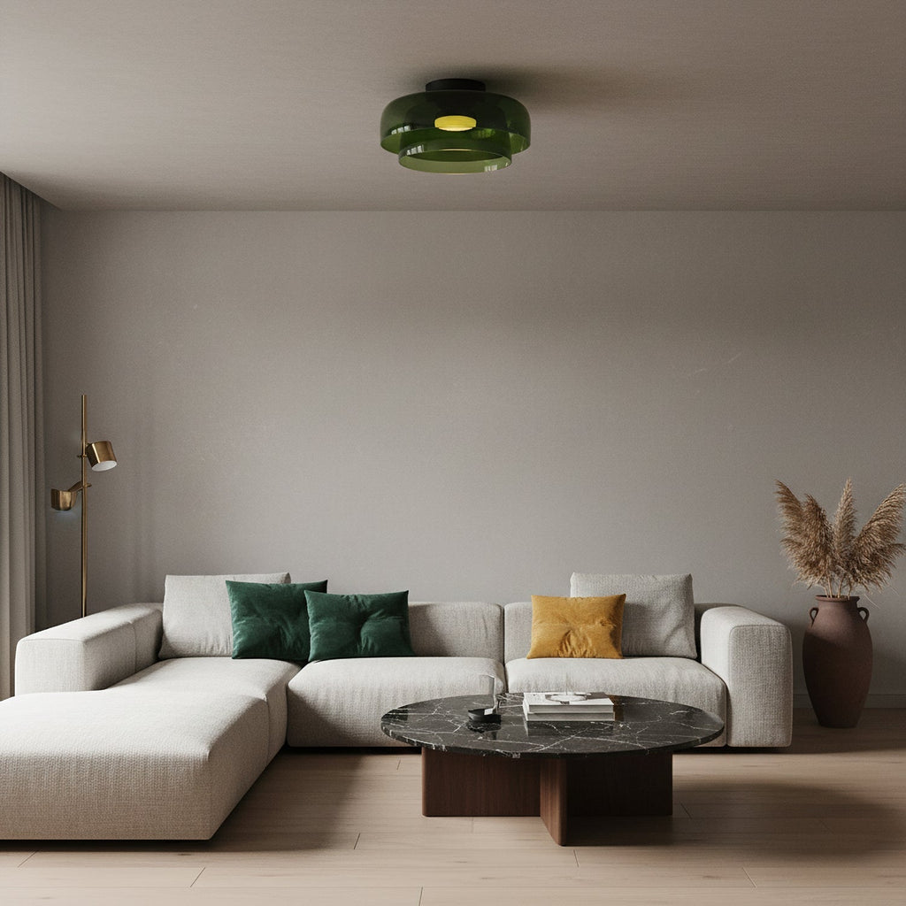 Gelaagde glazen plafondlamp met metalen frame in zwart, groen, smoke grijs, oranje LED 32-42 cm