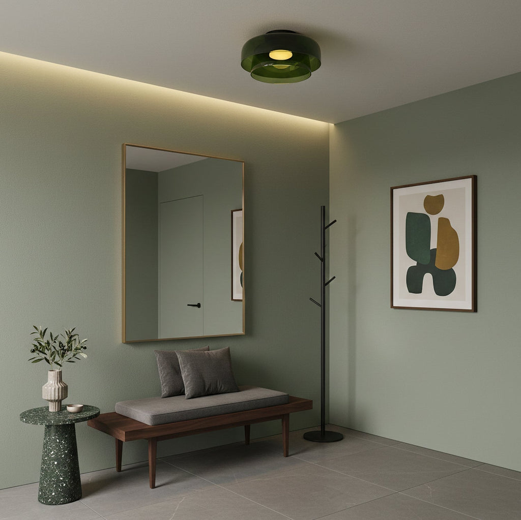 Gelaagde glazen plafondlamp met metalen frame in zwart, groen, smoke grijs, oranje LED 32-42 cm