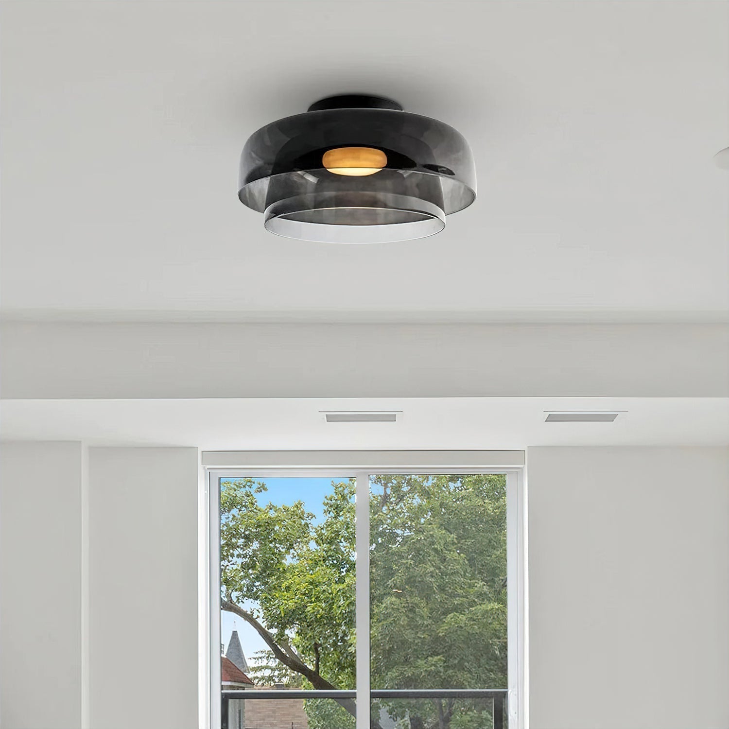 Gelaagde glazen plafondlamp met metalen frame in zwart, groen, smoke grijs, oranje LED 32-42 cm