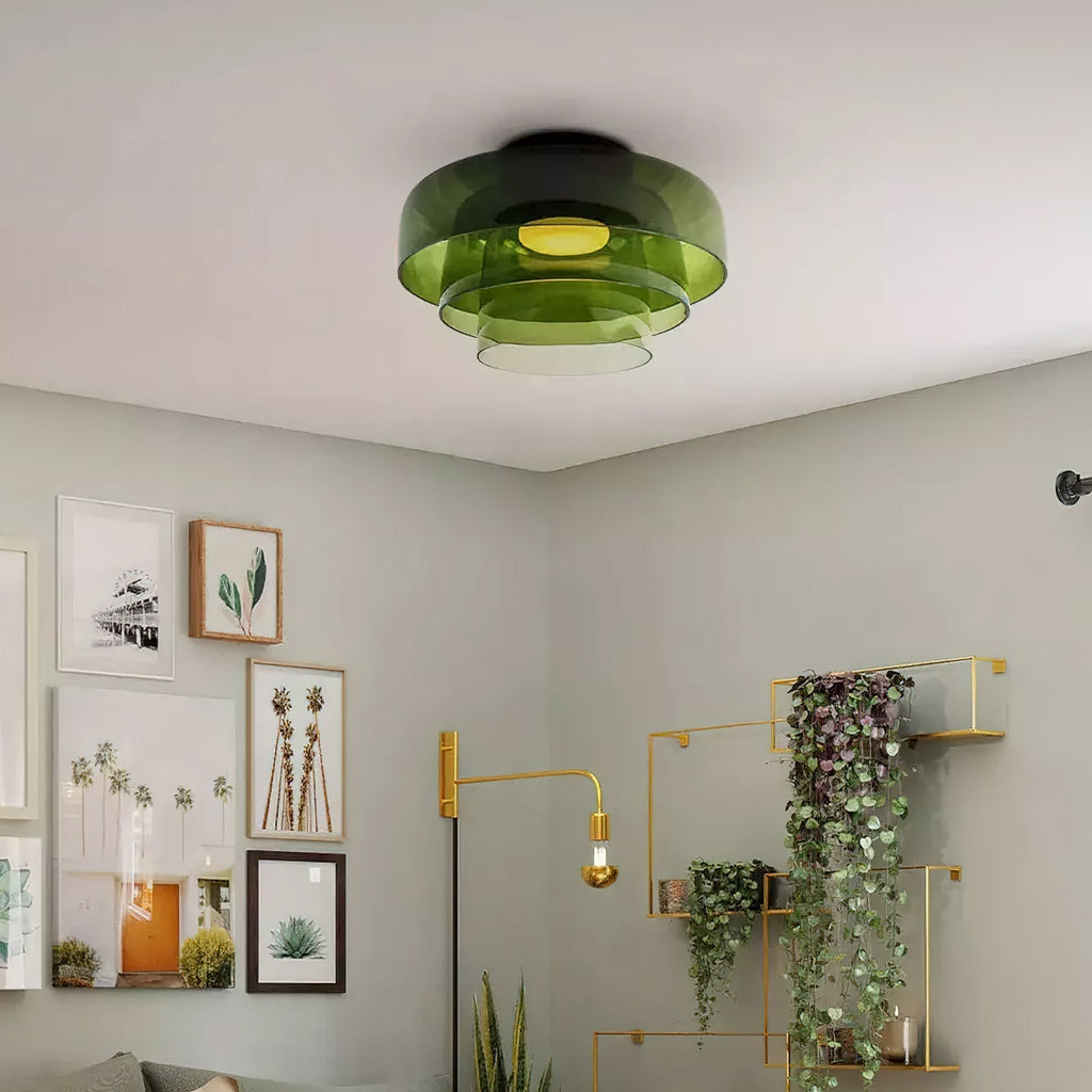 Gelaagde glazen plafondlamp met metalen frame in zwart, groen, smoke grijs, oranje LED 32-42 cm
