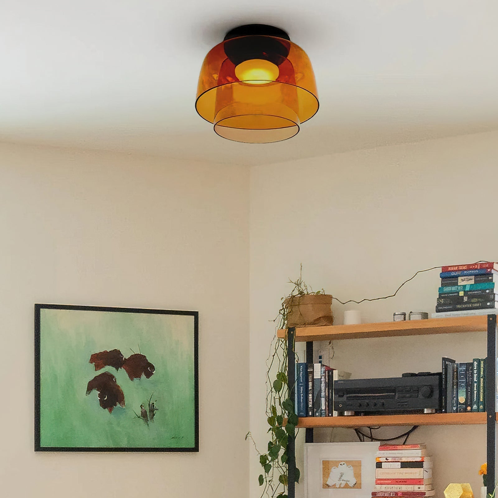 Gelaagde glazen plafondlamp met metalen frame in zwart, groen, smoke grijs, oranje LED 32-42 cm