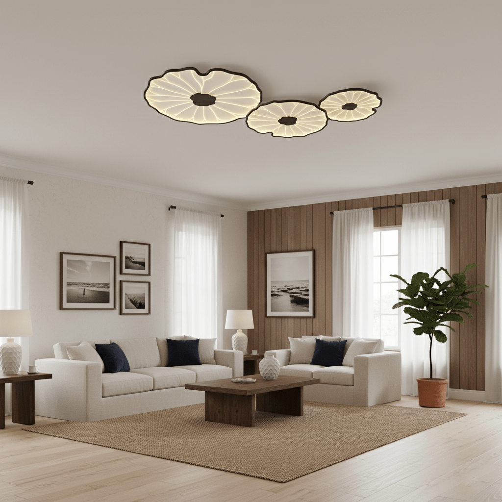 Plafonnier Feuille de Lotus Aspect Bois, Acrylique et Métal, LED 3000K-6000K
