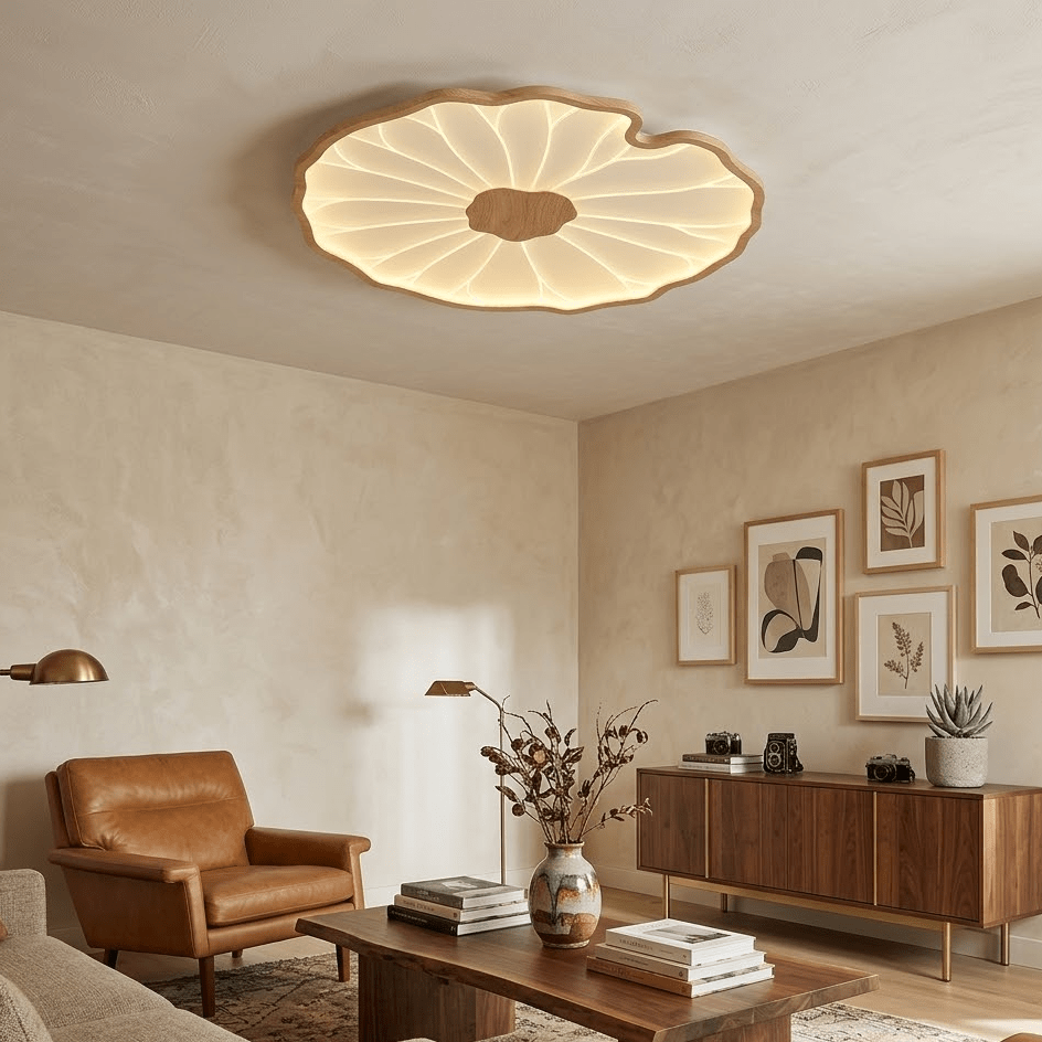 Plafonnier Feuille de Lotus Aspect Bois, Acrylique et Métal, LED 3000K-6000K