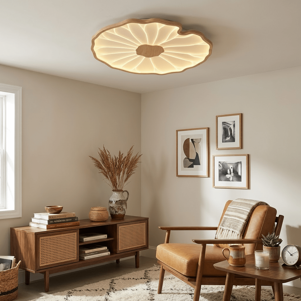 Plafonnier Feuille de Lotus Aspect Bois, Acrylique et Métal, LED 3000K-6000K