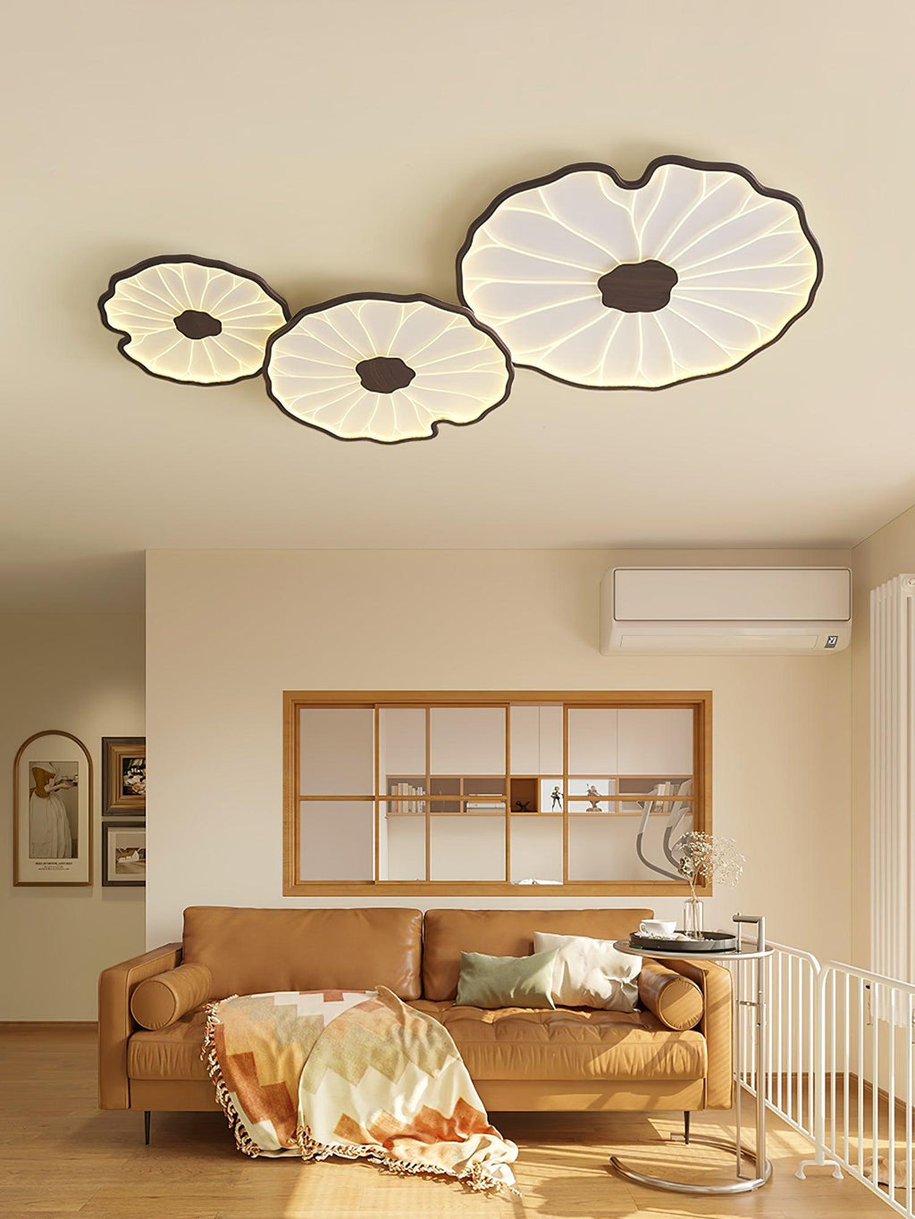 Plafonnier Feuille de Lotus Aspect Bois, Acrylique et Métal, LED 3000K-6000K