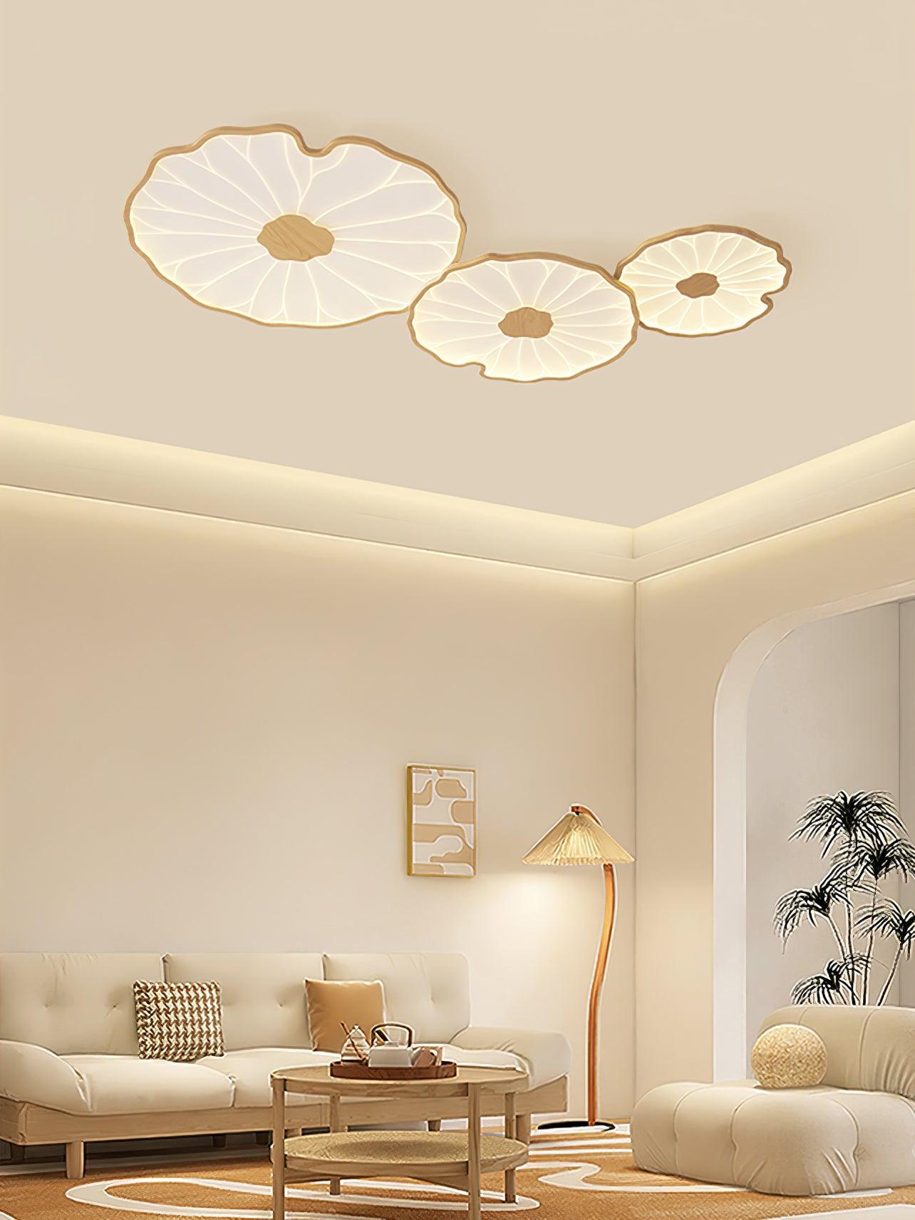 Plafonnier Feuille de Lotus Aspect Bois, Acrylique et Métal, LED 3000K-6000K