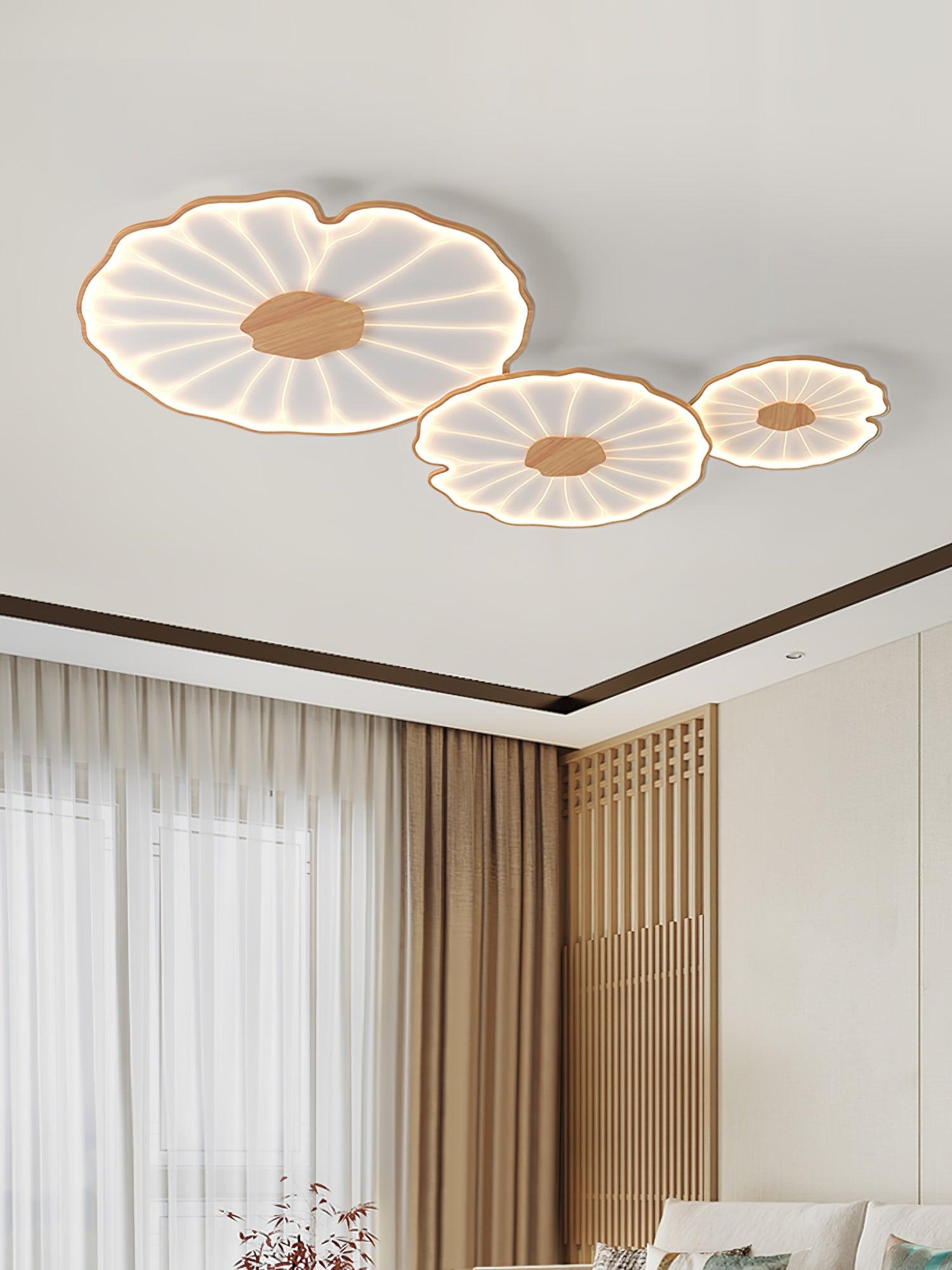 Plafonnier Feuille de Lotus Aspect Bois, Acrylique et Métal, LED 3000K-6000K