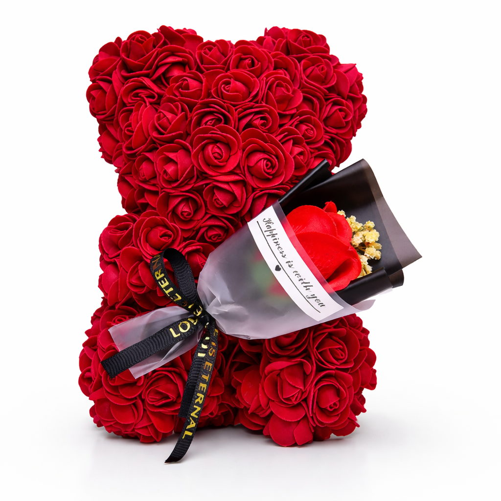 Dekorace na stůl Rose Bear s umělými růžemi pro valentýnský dárek a vystavení