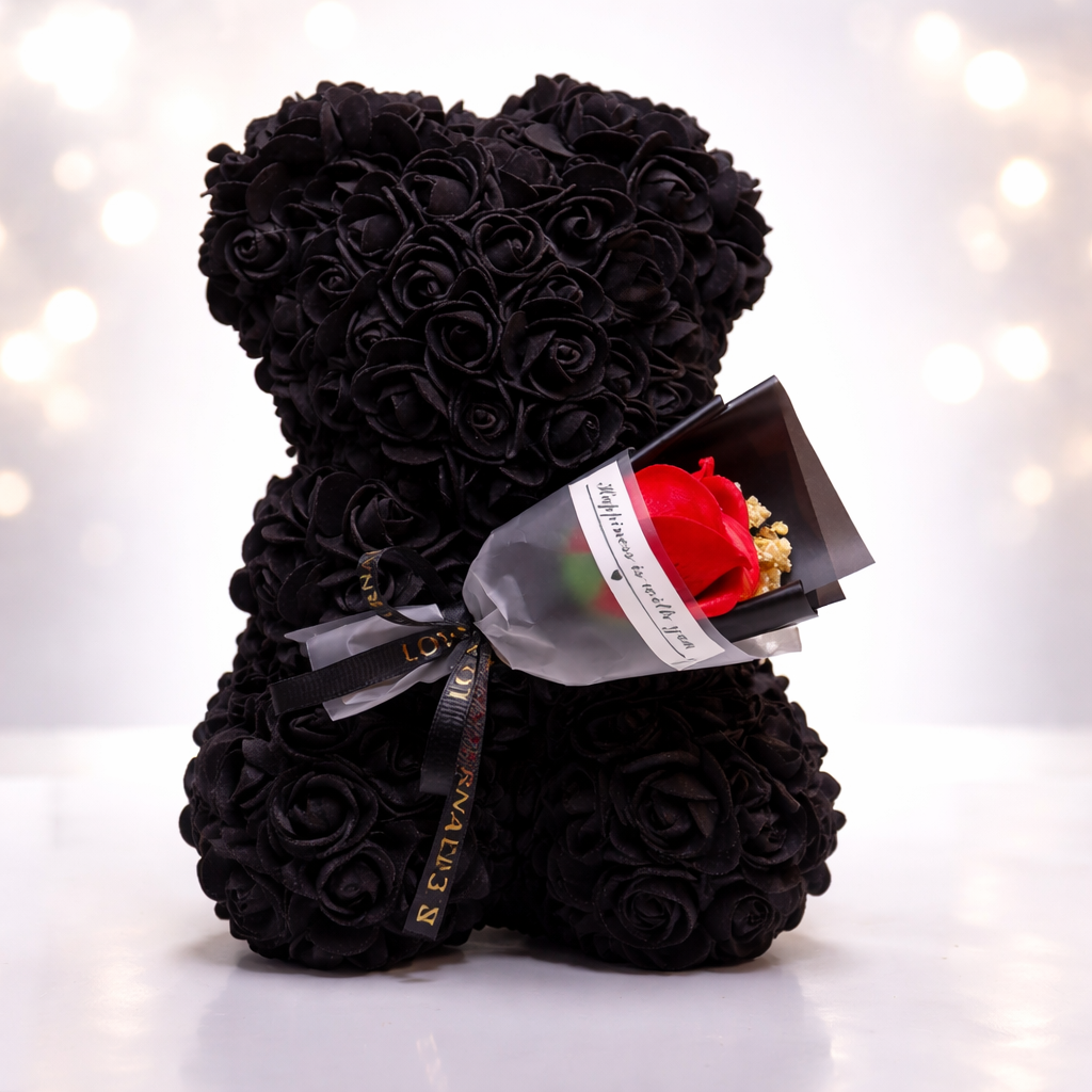 Dekorace na stůl Rose Bear s umělými růžemi pro valentýnský dárek a vystavení