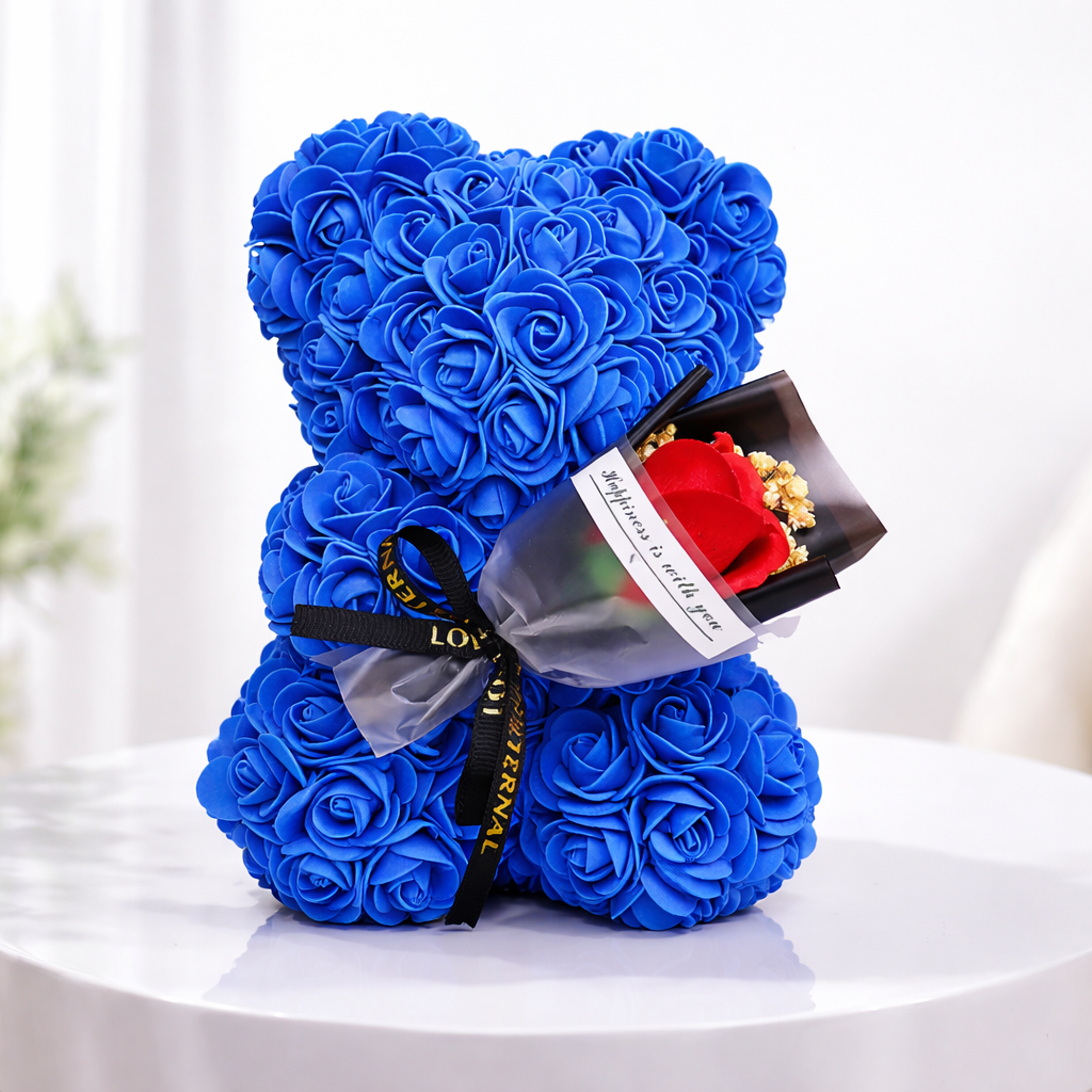 Dekorace na stůl Rose Bear s umělými růžemi pro valentýnský dárek a vystavení