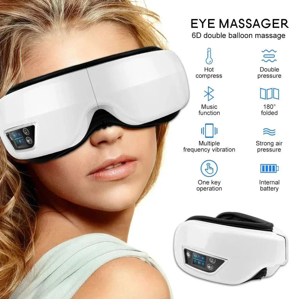 Masażer oczu LuminaFlex 6D z ciśnieniem powietrza, podgrzewaniem, wibracjami, Bluetooth i składany