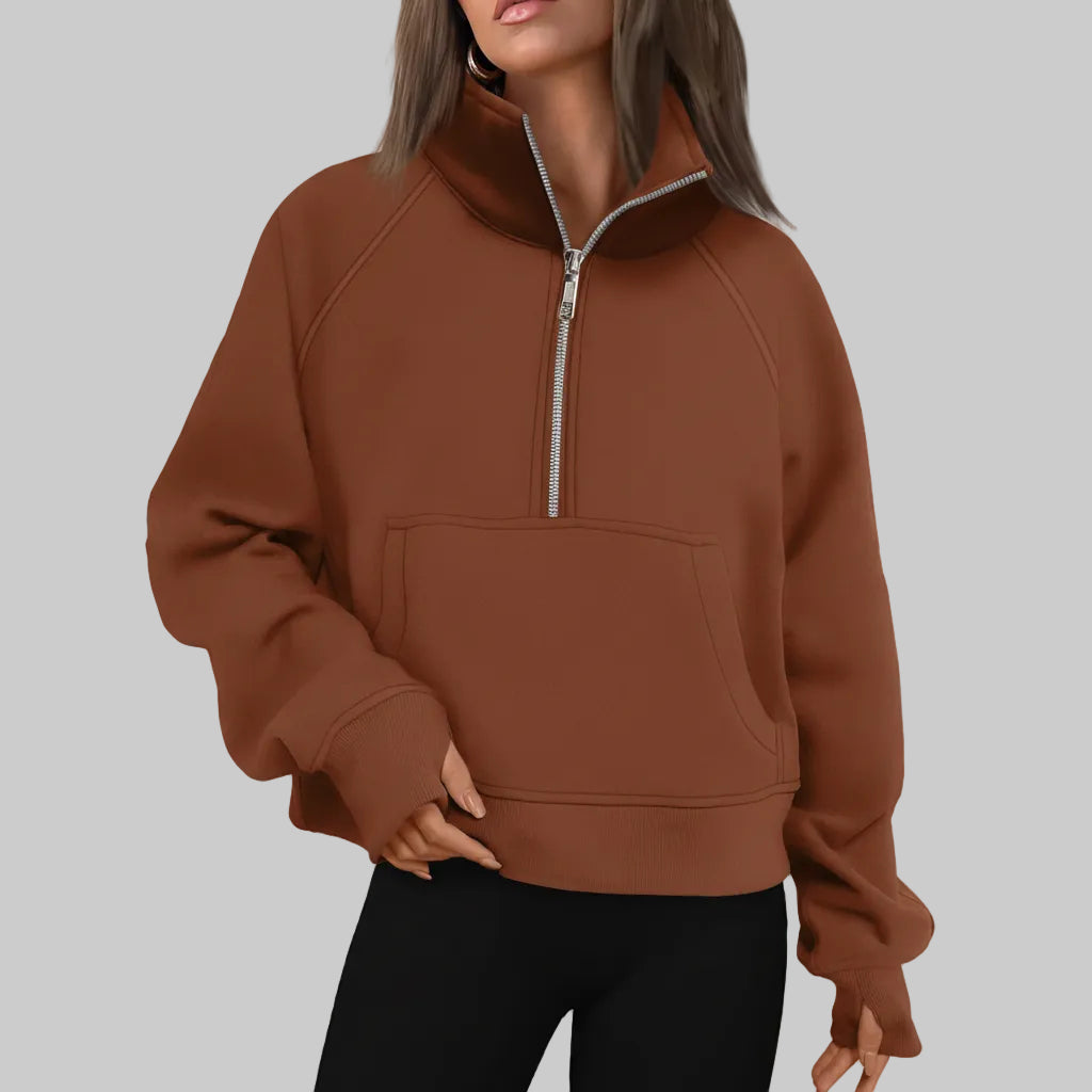 Dame Cropped Fleece Sweatshirt med Halv Lynlås til Hverdagsvarme