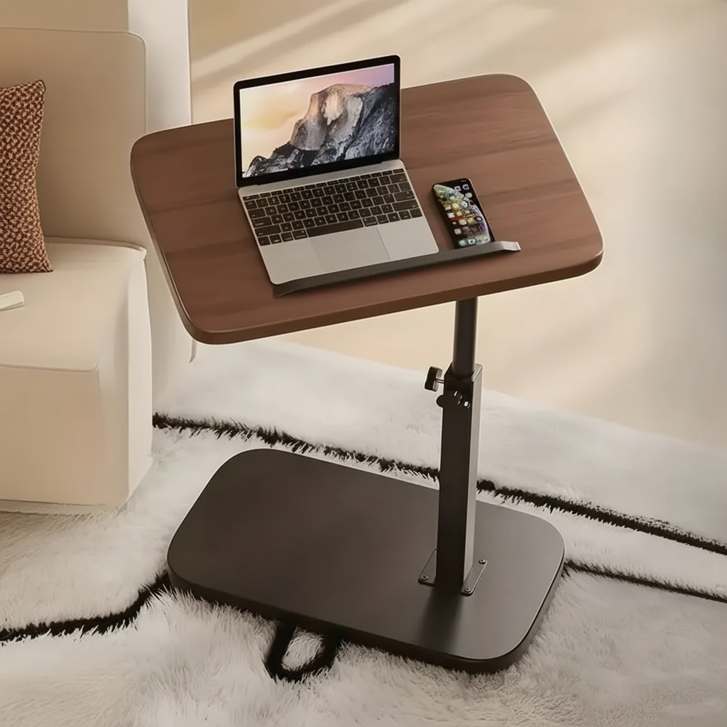 Ořechový C-tvarovaný nastavitelný odkládací stolek pro notebook a pohovku