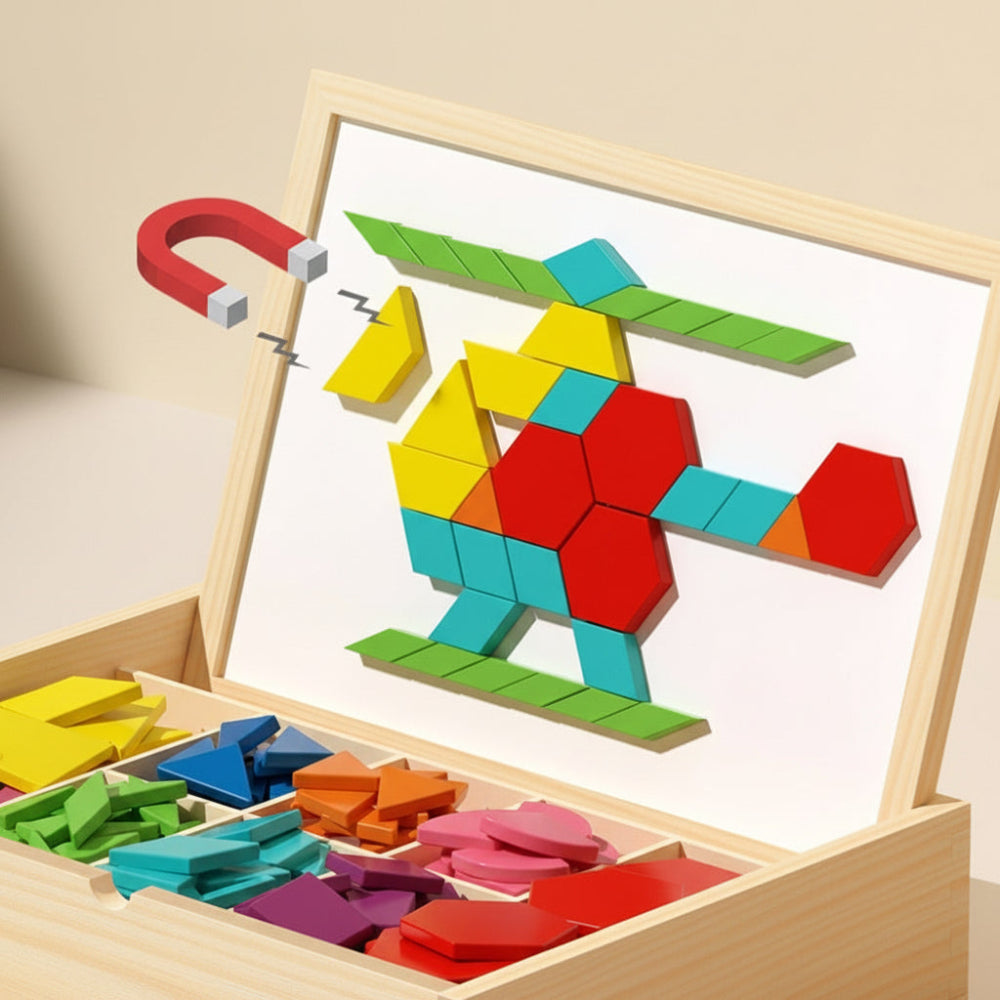 Magnetická sada puzzle bloků s dřevěnými vzorovými bloky pro STEM vzdělávání