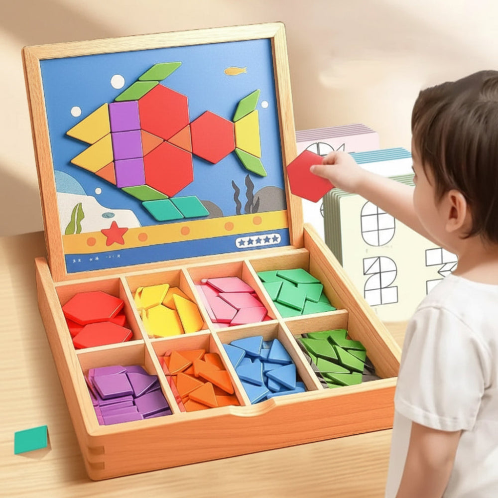 Magnetická sada puzzle bloků s dřevěnými vzorovými bloky pro STEM vzdělávání