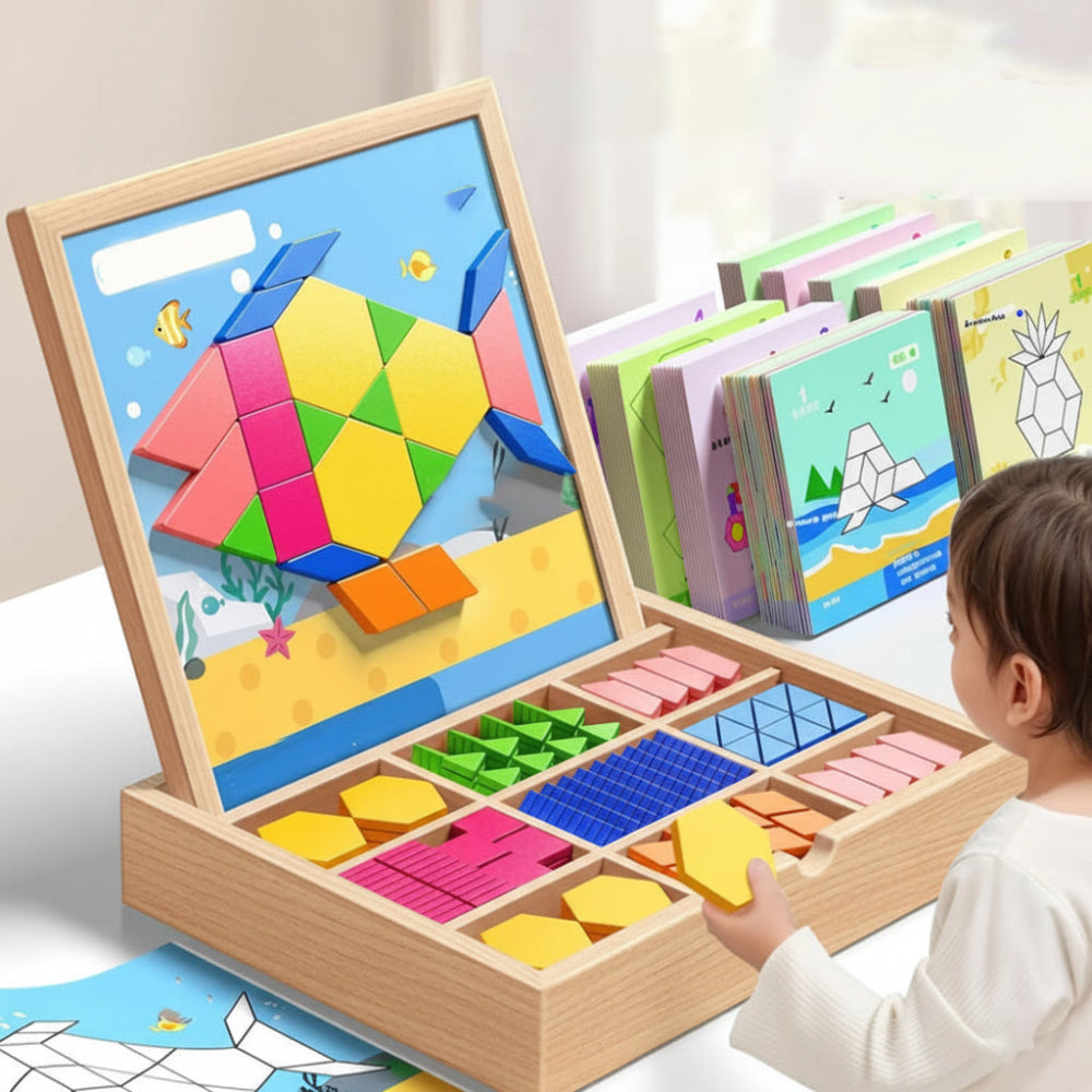 Magnetická sada puzzle bloků s dřevěnými vzorovými bloky pro STEM vzdělávání