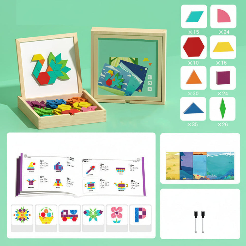 Magnetická sada puzzle bloků s dřevěnými vzorovými bloky pro STEM vzdělávání