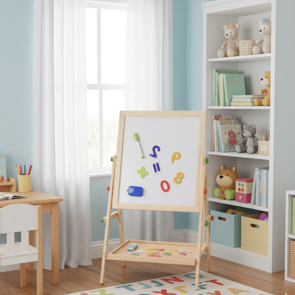 CreativeEase Magnetic Whiteboard And Chalkboard For Kids With Adjustable Wood Frame