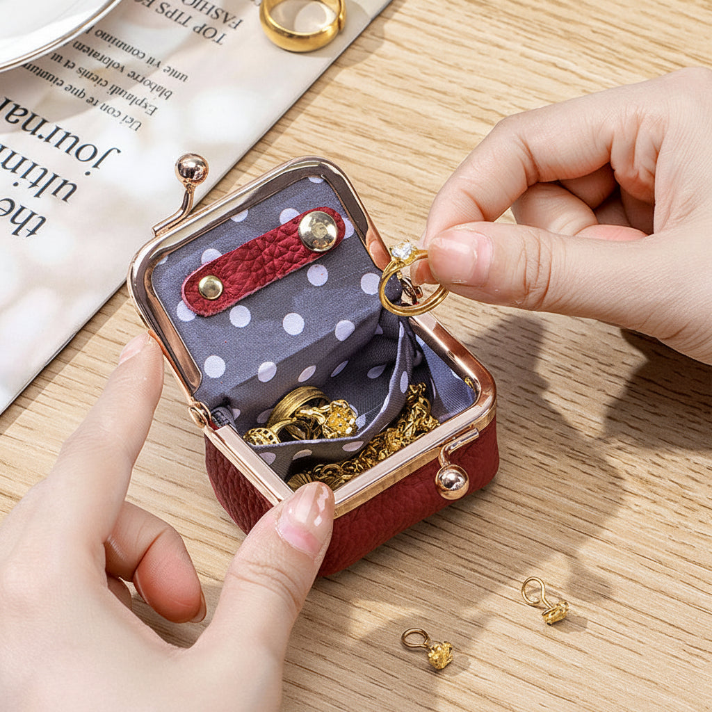 旅行用ゴールドクラスプ付きコンパクト本革ジュエリーボックス